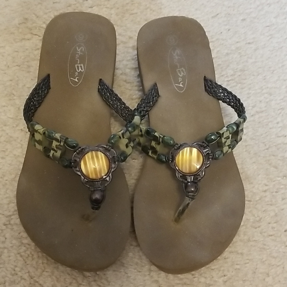 Bohemian Green and Black Sandals with Beaded Straps